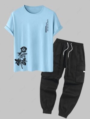 Alternative view of Men's Letter Floral Rose Graphic Printed Short Sleeves T-shirt And Streetwear Casual Techwear Jogger Cargo Pants Set - Light Blue