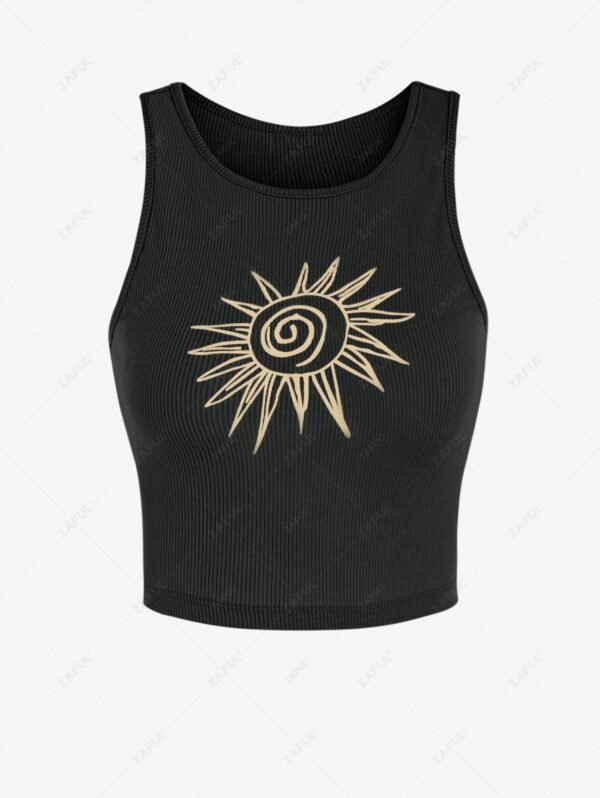 Women's Sun Graphic Printed Ribbed Crew Neck Sporty Slim Crop Baby Tank Top - Black M