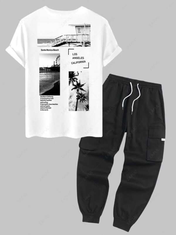 Men's LOS ANGELES CALIFORNIA Letter Pictures Graphic Printed Short Sleeves T-shirt And Streetwear Casual Techwear Jogger Cargo Pants Set - White
