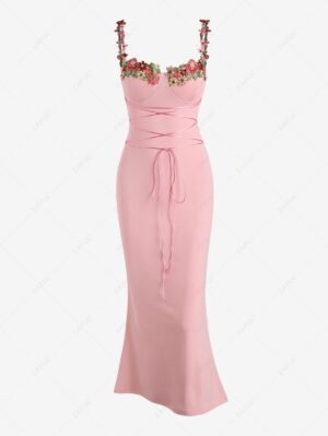 Alternative view of Women's Sexy Eleglant Floral Embroidered Patched Cupped Bustier Design Lace Up Mermaid Midi Dress - Light Pink Xl