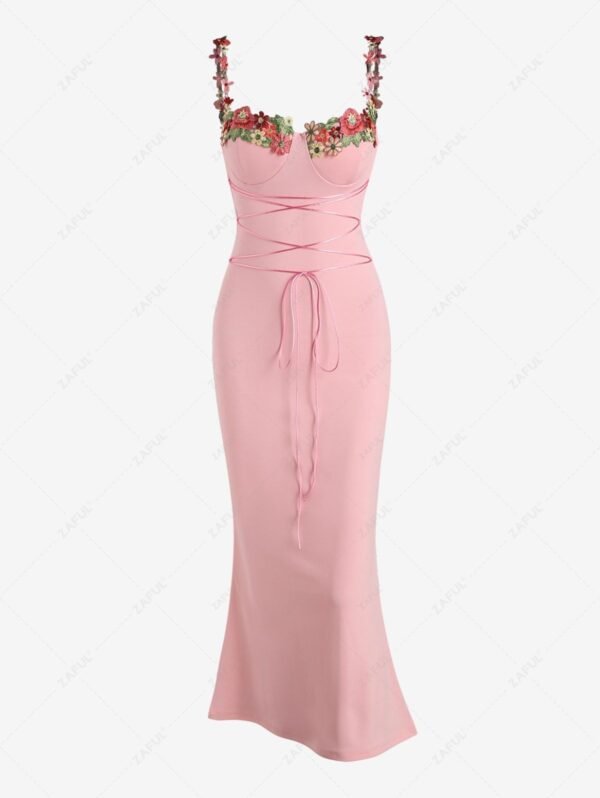 Women's Sexy Eleglant Floral Embroidered Patched Cupped Bustier Design Lace Up Mermaid Midi Dress - Light Pink Xl