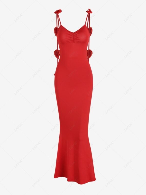 Women's Sexy Elegant 3D Floral Rosettes Decor Ruched Open Back Evening Gown Spaghetti Strap Cami Mermaid Maxi Dress - Red