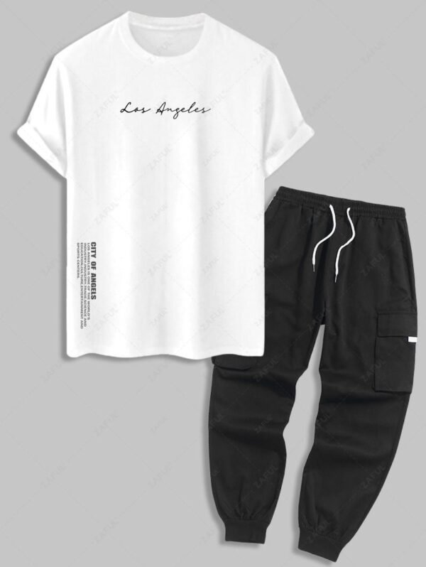 Men's Los Angeles Letter Graphic Printed Short Sleeves T-shirt And Streetwear Casual Techwear Jogger Cargo Pants Set - White - Image 2
