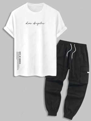Men's Los Angeles Letter Graphic Printed Short Sleeves T-shirt And Streetwear Casual Techwear Jogger Cargo Pants Set - White