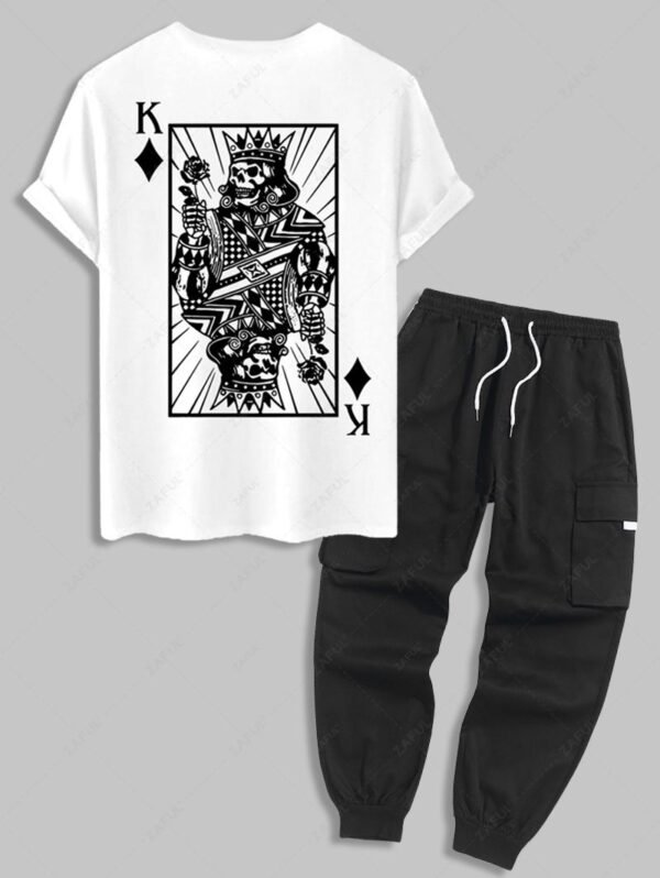 Men's K Playing Card Graphic Printed Short Sleeves T-shirt And Streetwear Casual Techwear Jogger Cargo Pants Set - White
