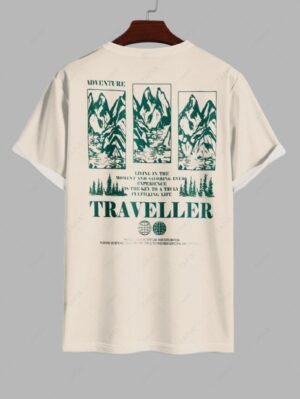 Men's Mountain TRAVELLER Letter Graphic Printed Short Sleeves T-shirt - Champagne M