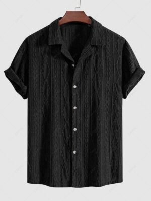 Alternative view of ZAFUL Men's Camp Collar Button Up Geometric Jacquard Openwork Short Sleeves Shirt - Black L