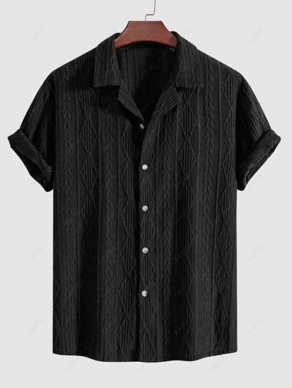 ZAFUL Men's Camp Collar Button Up Geometric Jacquard Openwork Short Sleeves Shirt - Black L