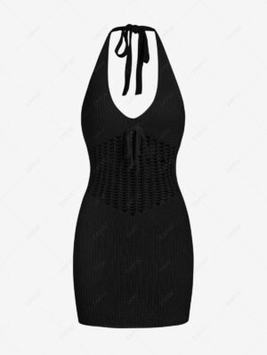 Alternative view of Women's Sexy Vacation Beach Tied Open Back Crochet Knit Openwork Halter Slinky Mini Dress - Black