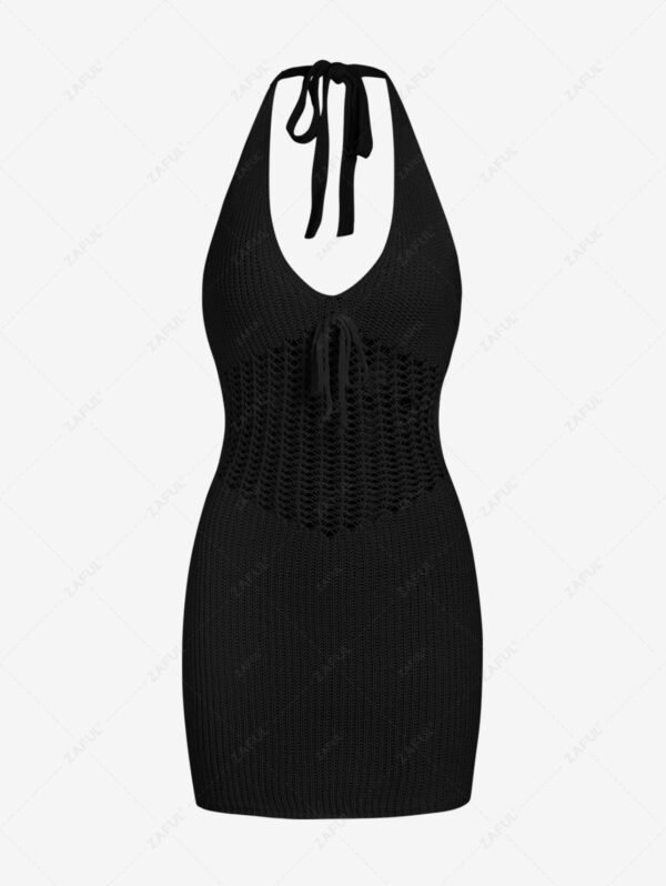 Women's Sexy Vacation Beach Tied Open Back Crochet Knit Openwork Halter Slinky Mini Dress - Black - Image 2