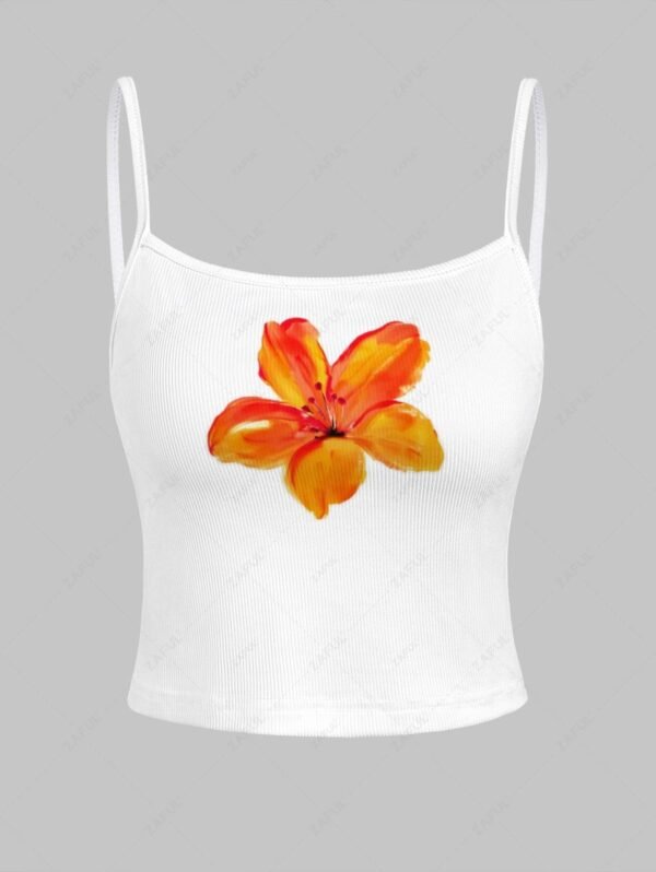 Women's Floral Printed Ribbed Knit Spaghetti Strap Cami Tank Top - White M