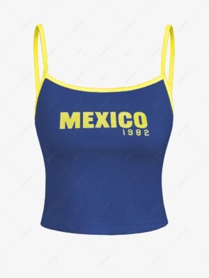 Women's Contrast Binding Letter Numbers Printed Ribbed Knit Spaghetti Strap Cami Tank Top - Deep Blue S