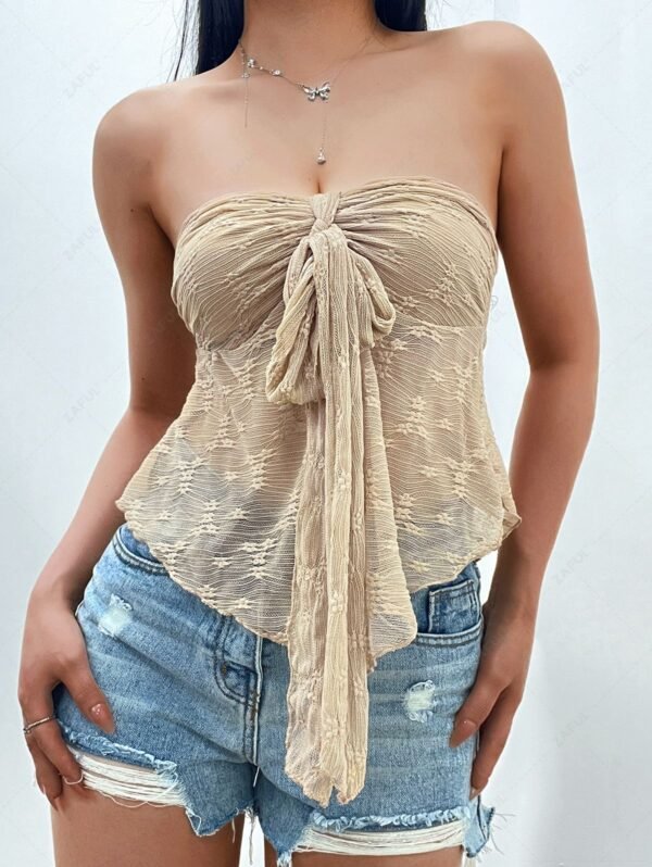 Women's Sexy Sheer Mesh Lace Overlay Twisted Knotted Front Tube Top - Light Coffee - Image 2