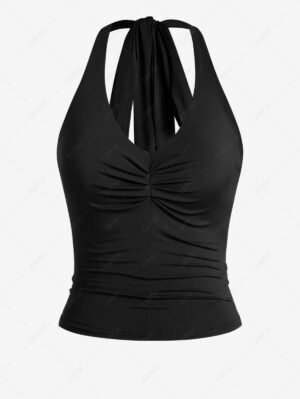 Alternative view of Women's Sexy Solid Color Ruched Open Back Halter Tied Tank Top - Black