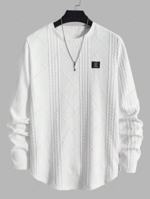 ZAFUL Men's Jacquard Textured Patch Design Crew Neck Long Sleeves Pullover Sweatshirt - White Xl