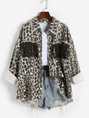 Alternative view of Women's Rhinestone Tassels Frayed Leopard Print High Low Denim Jacket - Light Coffee Xl