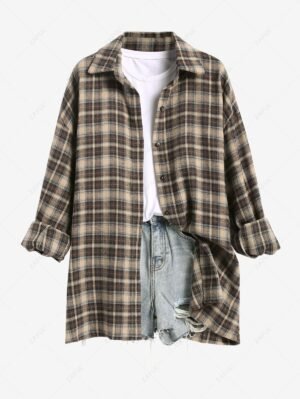 Alternative view of Women's Casual Vintage Plaid Pattern Button Up Long Sleeves Shacket - Light Coffee M