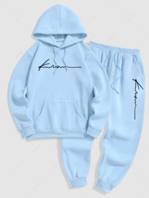 Men's Minimalist Style Letter Pattern Fuzzy Fleece-lined Kangaroo Pocket Design Pullover Hoodie And Drawstring Jogger Sweatpants Set - Light Blue