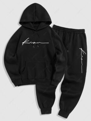 Alternative view of Men's Minimalist Style Letter Pattern Fuzzy Fleece-lined Kangaroo Pocket Design Pullover Hoodie And Drawstring Jogger Sweatpants Set - Black