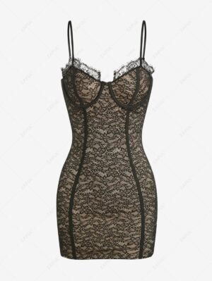 Alternative view of Women's Sexy Lace Overlay Eyelash Edge Underwire Spaghetti Straps Cami Mini Slinky Dress - Black M