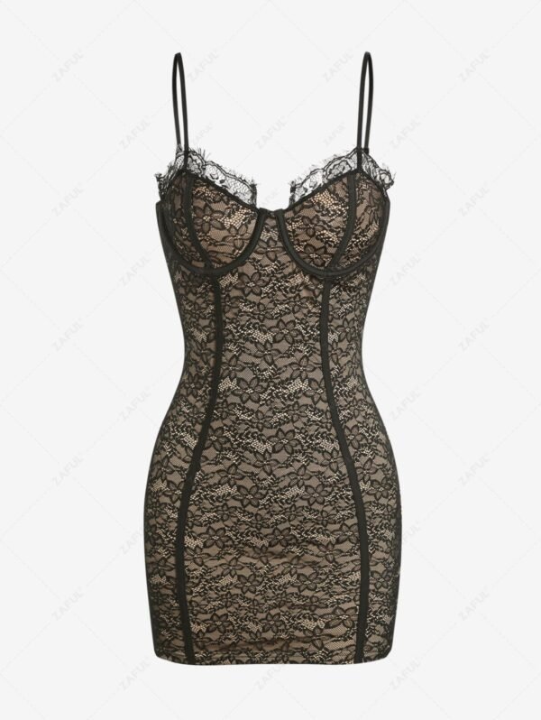 Women's Sexy Lace Overlay Eyelash Edge Underwire Spaghetti Straps Cami Mini Slinky Dress - Black M