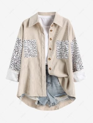 Alternative view of Women's Casual High Low Leopard Print Spliced Front Pockets Design Button Up Long Sleeves Corduroy Shacket - Apricot L