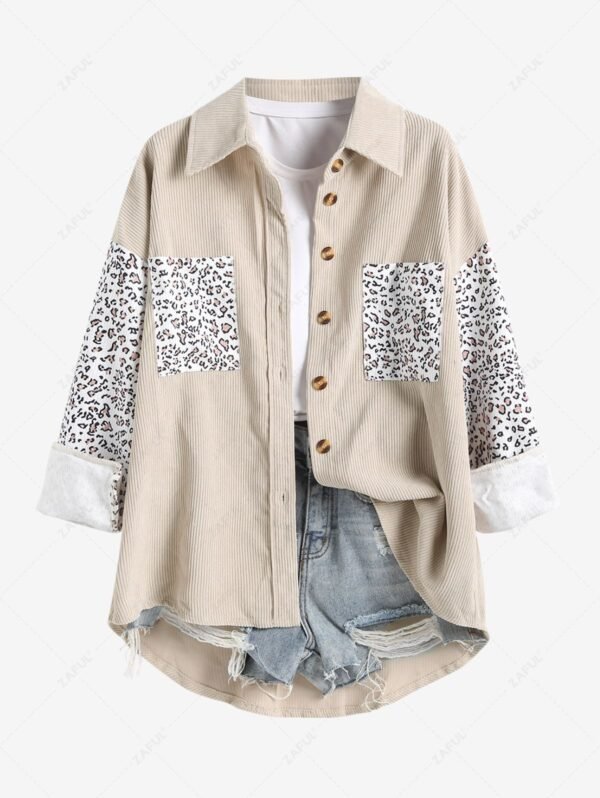 Women's Casual High Low Leopard Print Spliced Front Pockets Design Button Up Long Sleeves Corduroy Shacket - Apricot L - Image 2