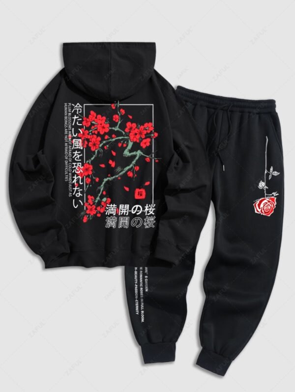 Men's Japanese Letter Plum Blossoms Pattern Kangaroo Pocket Pullover Hoodie And Rose Print Slogan Drawstring Thermal Fleece Lined Jogger Pants Set - Black - Image 2