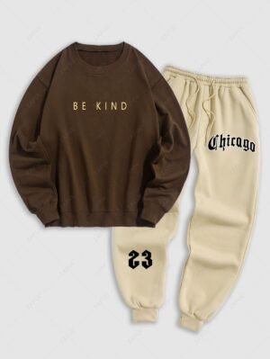 Alternative view of Men's Letter Printed Crew Neck Pullover Sweatshirt And Fleece-lined Ribbed Beam Feet Drawstring Jogger Pants Set - Coffee