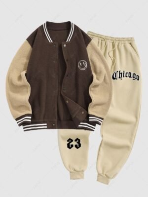 Alternative view of Men's Two Tone Colorblock Smile Face Embroidered Fluffy Faux Fur Baseball Jacket And Letter Printed Fleece-lined Ribbed Beam Feet Drawstring Jogger Pants Set - Coffee