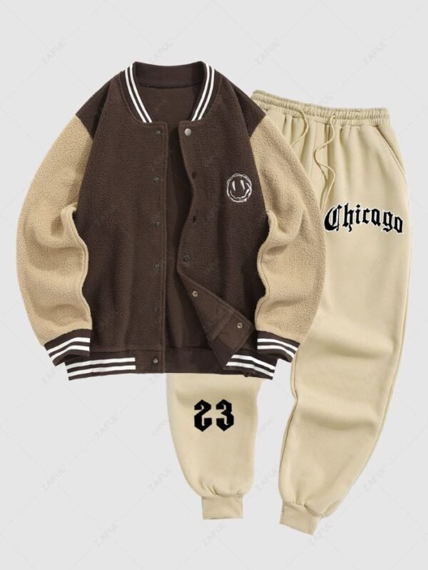 Men's Two Tone Colorblock Smile Face Embroidered Fluffy Faux Fur Baseball Jacket And Letter Printed Fleece-lined Ribbed Beam Feet Drawstring Jogger Pants Set - Coffee - Image 2