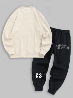 Alternative view of Men's Geometric Textured Long Sleeves Pullover Sweatshirt And Letter Printed Fleece-lined Ribbed Beam Feet Drawstring Jogger Pants Set - Black