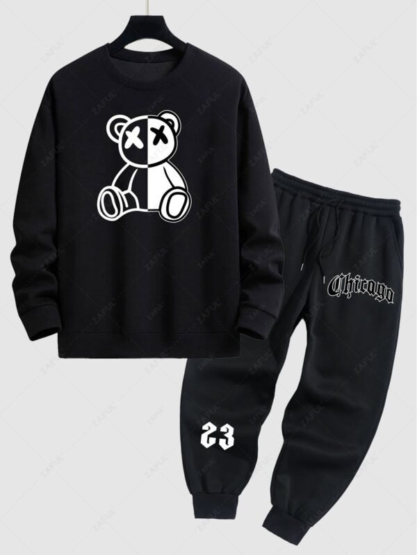 Men's Two Tone Bear Graphic Crew Neck Pullover Sweatshirt And Letter Printed Fleece-lined Ribbed Beam Feet Drawstring Jogger Pants Set - Black - Image 2