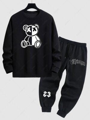Men's Two Tone Bear Graphic Crew Neck Pullover Sweatshirt And Letter Printed Fleece-lined Ribbed Beam Feet Drawstring Jogger Pants Set - Black