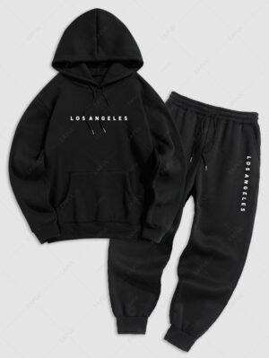 Men's Casual Minimalist Style Letter Pattern Fuzzy Fleece-lined Kangaroo Pocket Design Pullover Hoodie And Drawstring Jogger Sweatpants Set - Black Xxl