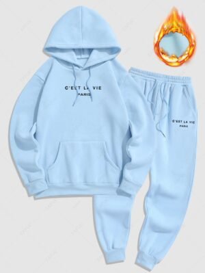 Men's Minimalist Style Letter Pattern Fuzzy Fleece-lined Kangaroo Pocket Design Pullover Hoodie And Drawstring Jogger Sweatpants Set - Light Blue S