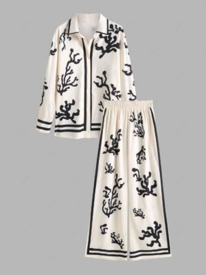 Alternative view of Women's Casual Coral Pattern Long Sleeves Shirt And High Elastic Waisted Wide Leg Pants Set - Apricot L