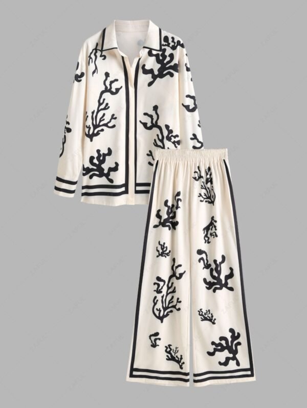 Women's Casual Coral Pattern Long Sleeves Shirt And High Elastic Waisted Wide Leg Pants Set - Apricot L - Image 2