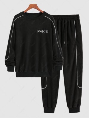 Men's Letter PARIS Contrast Piping Crew Collar Pullover Sweatshirt And Drawstring Jogger Pants Set - Black Xxl