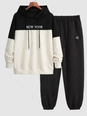 Men's Two Tone Letter Pattern Jacquard Textured Pullover Hoodie And Patch Design Drawstring Jogger Pants Set - Black Xxl