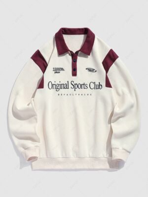 Alternative view of Men's Colorblock Letter Number Graphic Embroidered Fuzzy Fleece-lined Half Buttoned Long Sleeve Polo Collar Pullover Sweatshirt - Champagne M