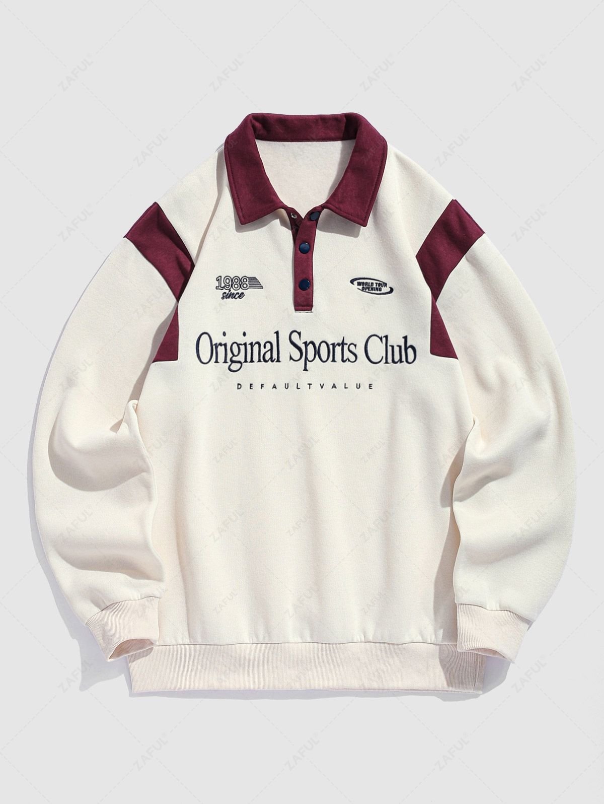 Men's Colorblock Letter Number Graphic Embroidered Fuzzy Fleece-lined Half Buttoned Long Sleeve Polo Collar Pullover Sweatshirt - Champagne M - Image 2