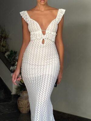 Alternative view of Women's Sexy Elegant Lace Overlay Tied Backless Ruffles Plunging Neck Sleeveless Mermaid Maxi Dress - White S