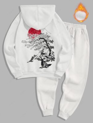 Alternative view of Men's Japanese Sakura Tree Figure Sun Pattern Fuzzy Fleece-lined Kangaroo Pocket Design Pullover Hoodie And Drawstring Jogger Sweatpants Set - White L