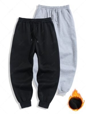 Alternative view of Men's Minimalist Style Solid Color Fuzzy Fleece-lined Drawstring Jogger Sweatpants(2PCS Set) - Black 2xl