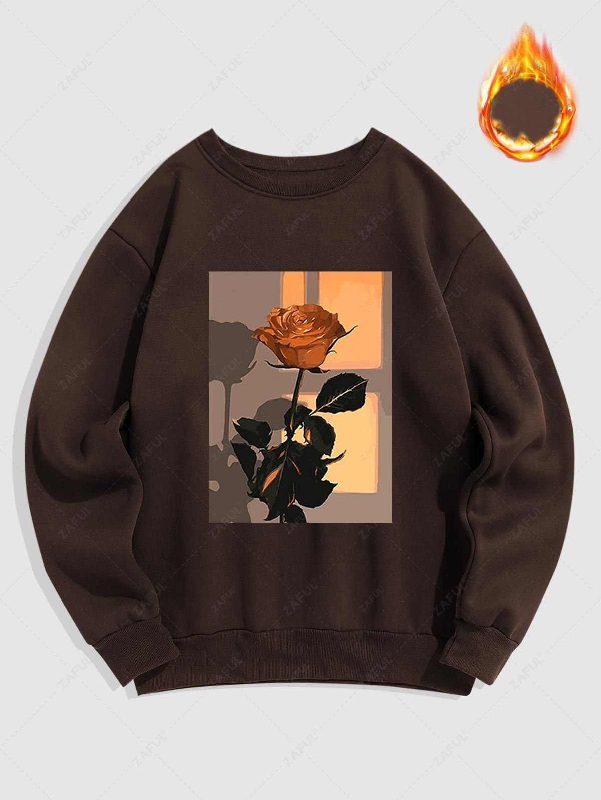 Men's Floral Rose Graphic Printed Fuzzy Fleece-lined Crew Neck Pullover Sweatshirt - Deep Coffee M