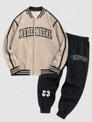 Alternative view of Men's Stripes Panel Letter Embroidered Snap Button Pockets Faux Suede Baseball Varsity Jacket And Chicago Letter Printed Fleece-lined Ribbed Beam Feet Drawstring Jogger Pants Set - Black