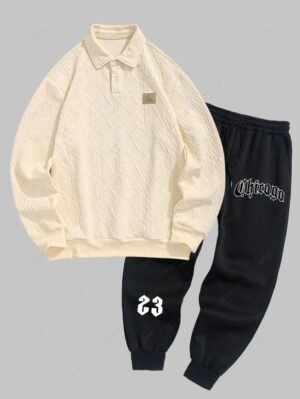 Alternative view of Men's Geometric Textured Label Design Turn-down Collar Long Sleeves Pullover Sweatshirt And Letter Printed Fleece-lined Ribbed Beam Feet Drawstring Jogger Pants Set - Light Coffee
