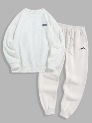 Alternative view of Men's Knitted Braided Jacquard Drop-shoulder Sleeves Round Neck Sweatshirt And Mountain Pattern Fuzzy Fleece-lined Drawstring Jogger Sweatpants Set - White