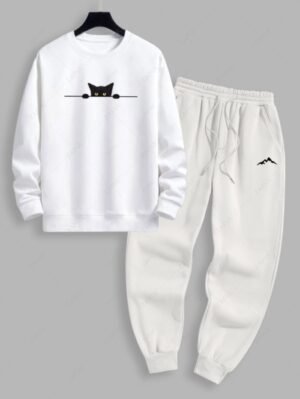 Alternative view of Men's Black Cat Graphic Printed Crew Neck Pullover Sweatshirt And Mountain Pattern Fuzzy Fleece-lined Drawstring Jogger Sweatpants Set - White
